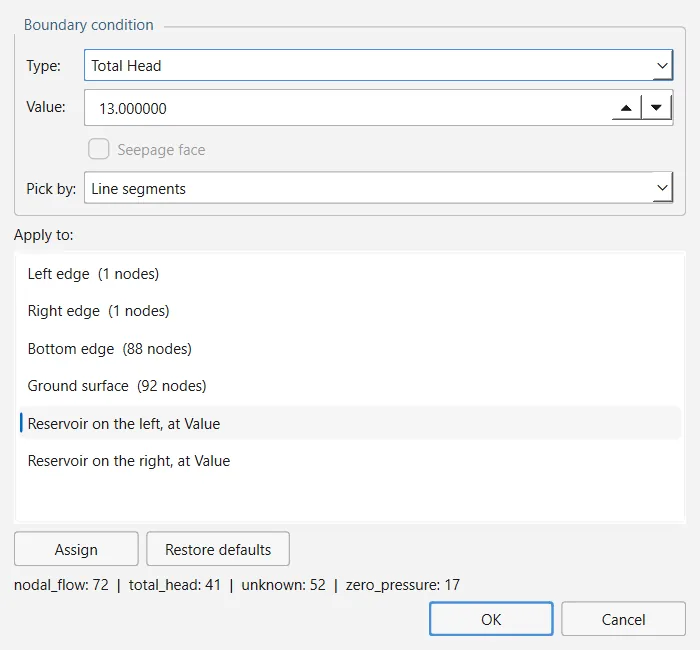 The Set Boundary Conditions dialog: condition type, value and seepage-face option, the list of sides and reservoir targets, and the summary of conditions per type