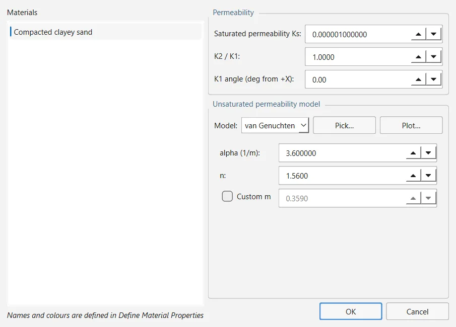 The Define Hydraulic Properties dialog: the list of materials on the left; the saturated permeability, anisotropy and the unsaturated permeability model with its parameters on the right