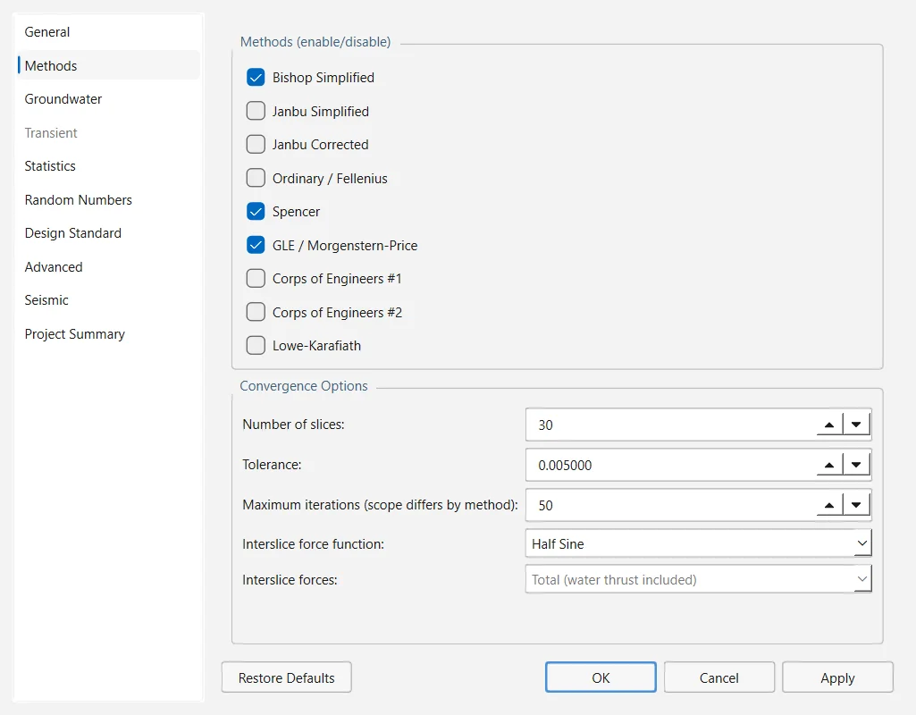 The Project Settings dialog open on the Methods page: the list of pages on the left, the nine methods with check boxes, and the convergence options below them