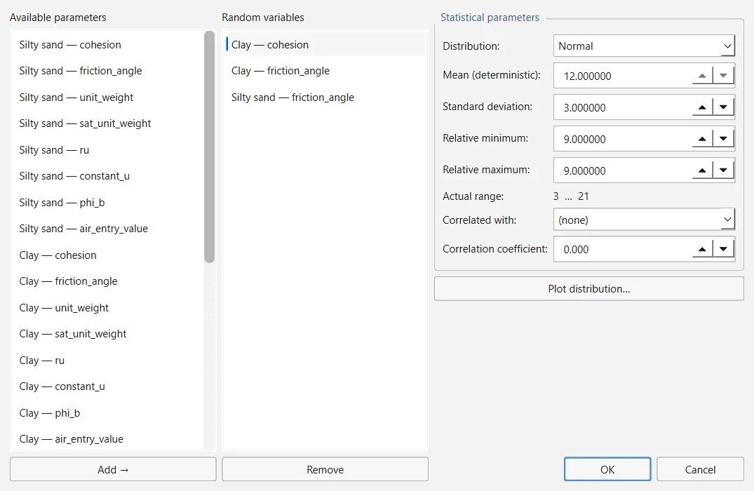 The Random Variables dialog: available parameters on the left, the random variables in the middle and the distribution, standard deviation, relative limits and correlation of the selected variable on the right