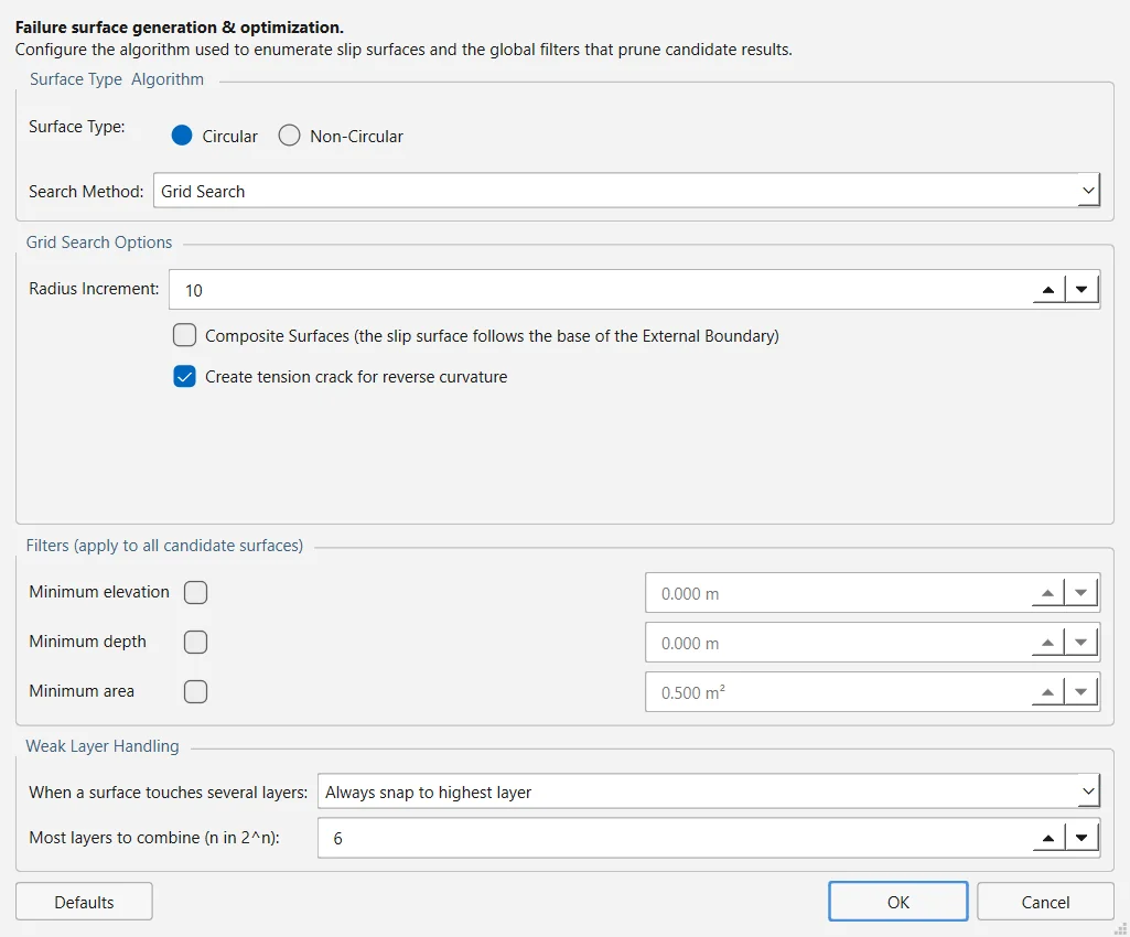 The Surface Options dialog: Surface Type and Search Method at the top, the options of the selected search, the three surface filters and the Weak Layer Handling group