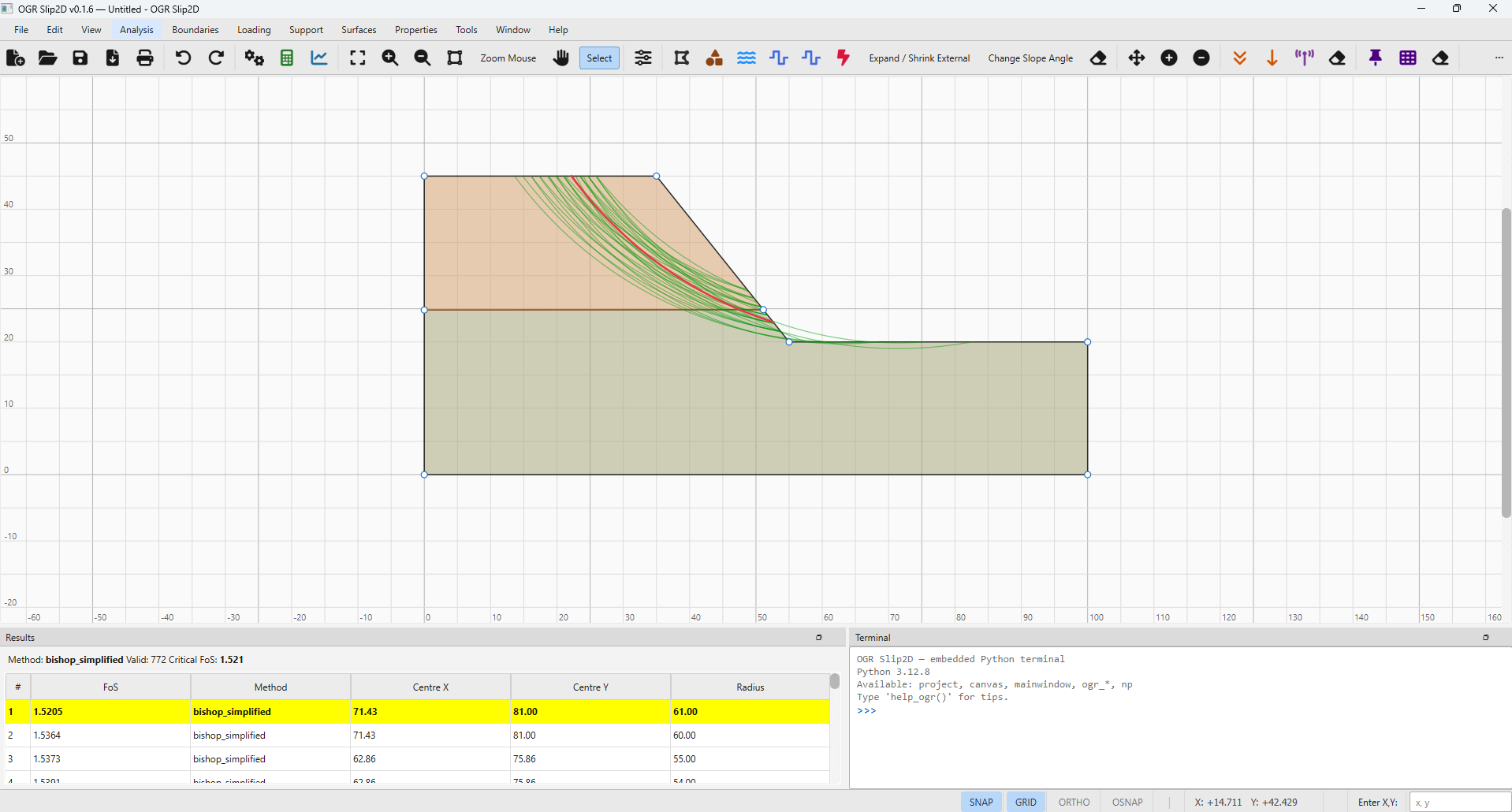 Modeler workspace with slope geometry, slip surfaces, and embedded Python terminal