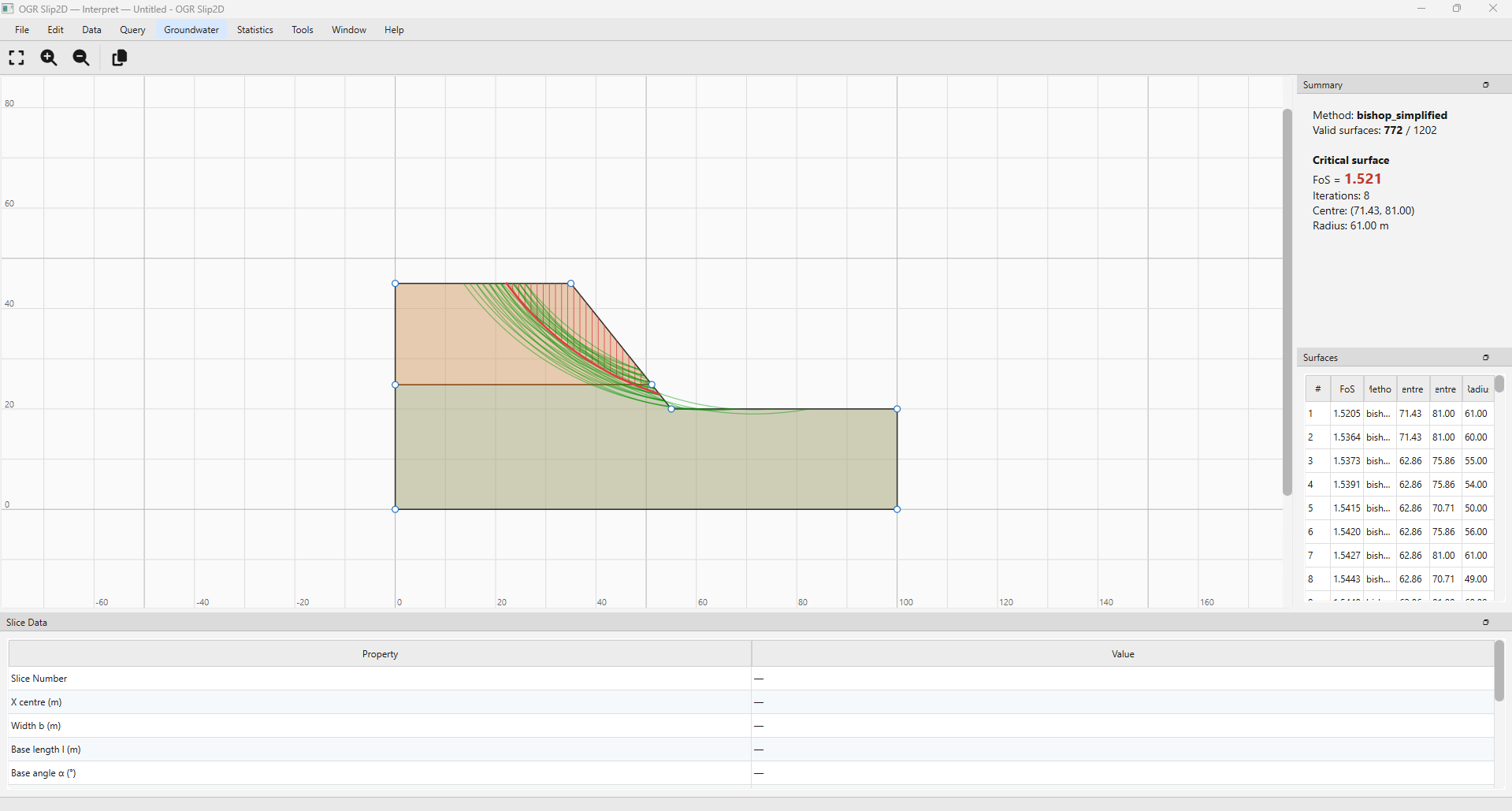 Interpret module showing FoS summary and surface table