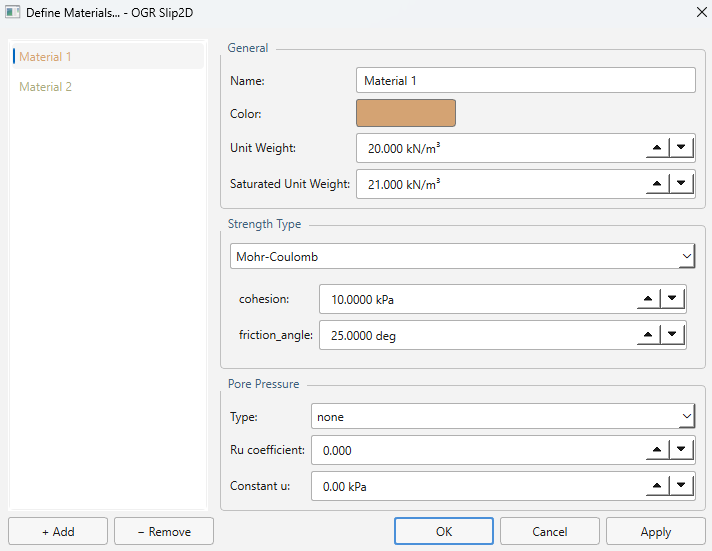 Define Materials dialog with Mohr-Coulomb properties