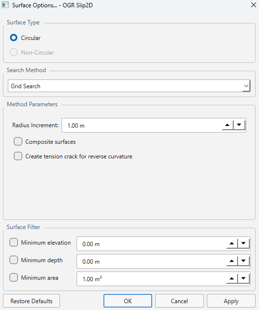 Surface options dialog for configuring failure surface search